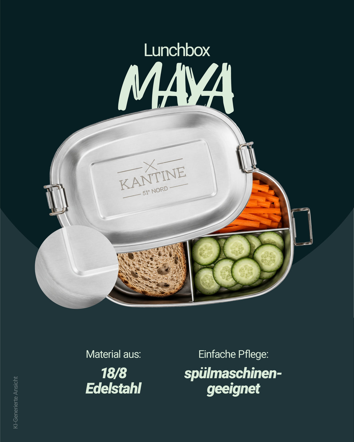 Edelstahl-Lunchbox mit geöffnetem Deckel, drei Fächer und Bügelverschlüssen