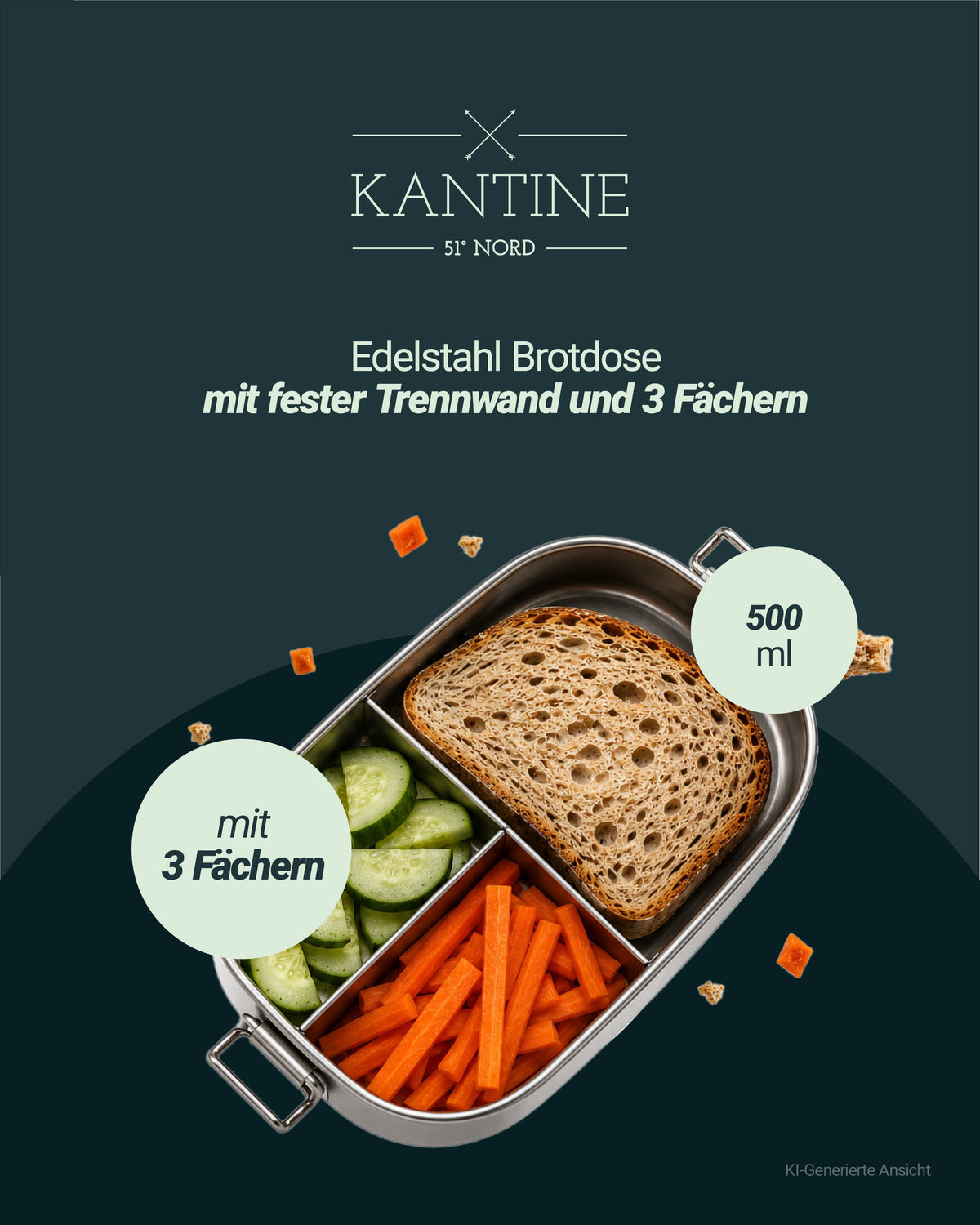 Edelstahl-Brotbox mit fester Trennwand und drei Fächern, 500 ml