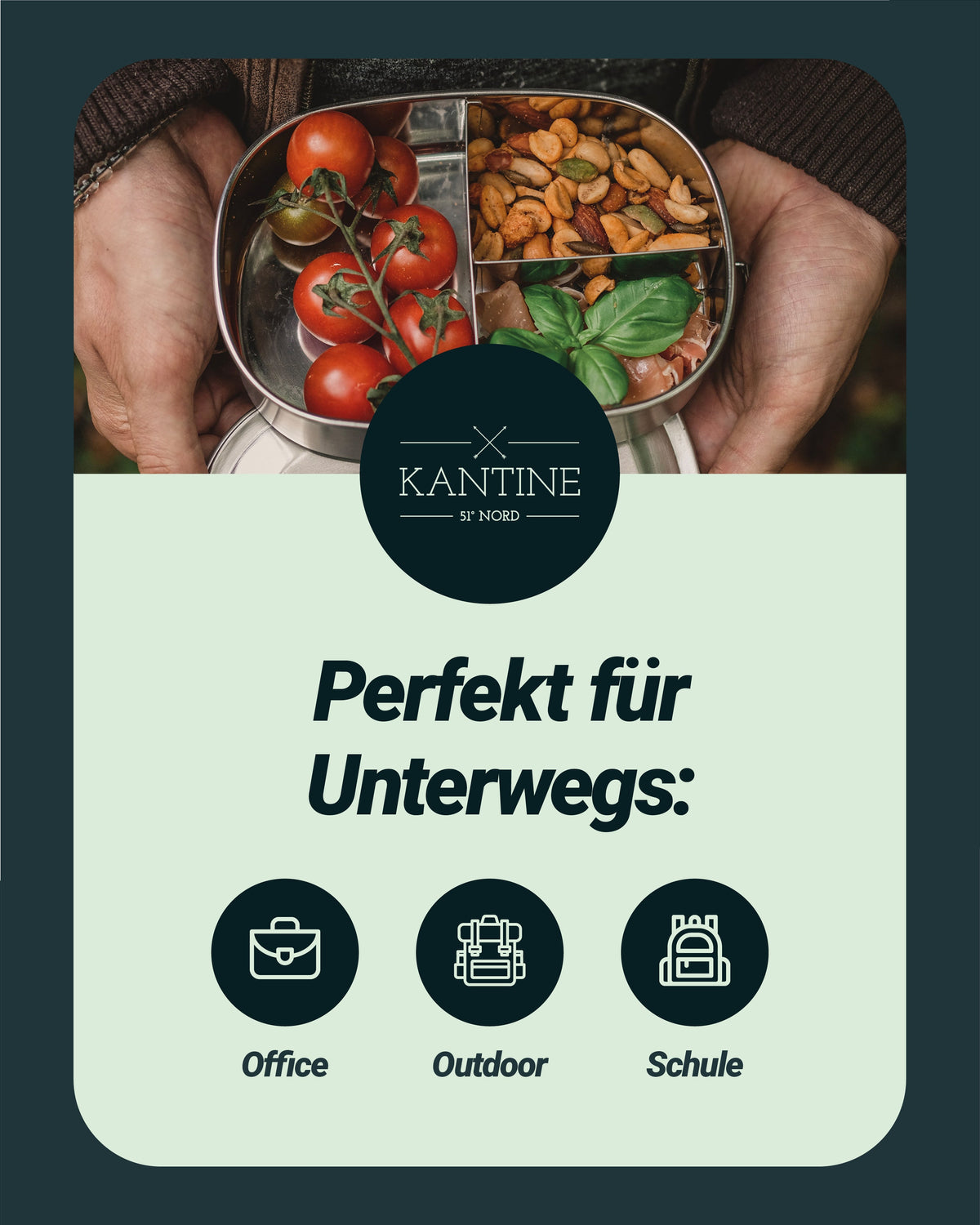 Edelstahl-Lunchbox mit drei Fächern, geöffnet in den Händen