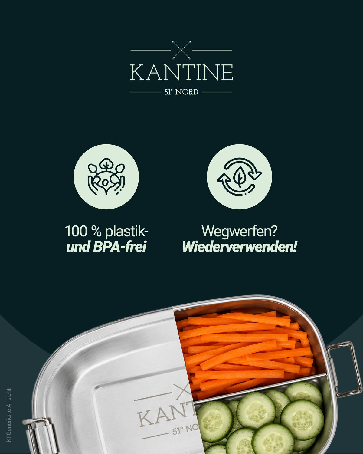 Edelstahl-Lunchbox mit drei Fächern und separater Trennwand, offen