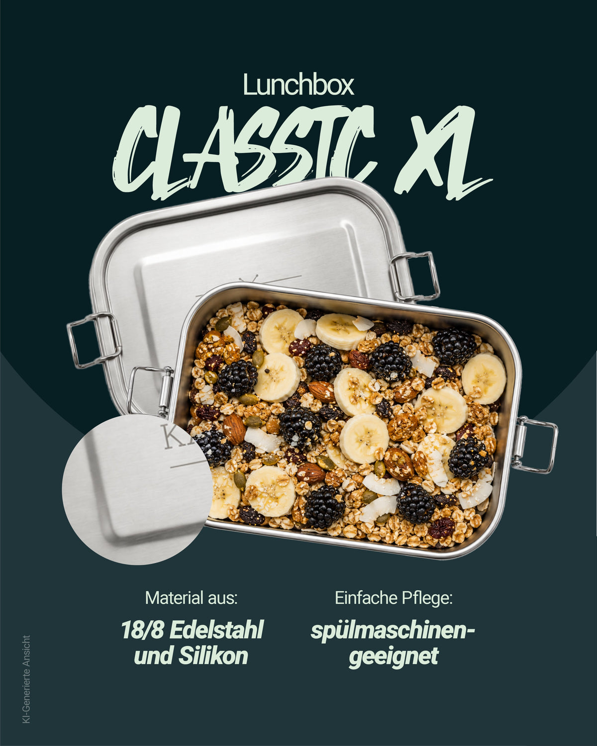 Edelstahl-Brotbox XL geöffnet mit Trennwand und zwei Fächern, gefüllt mit Essen