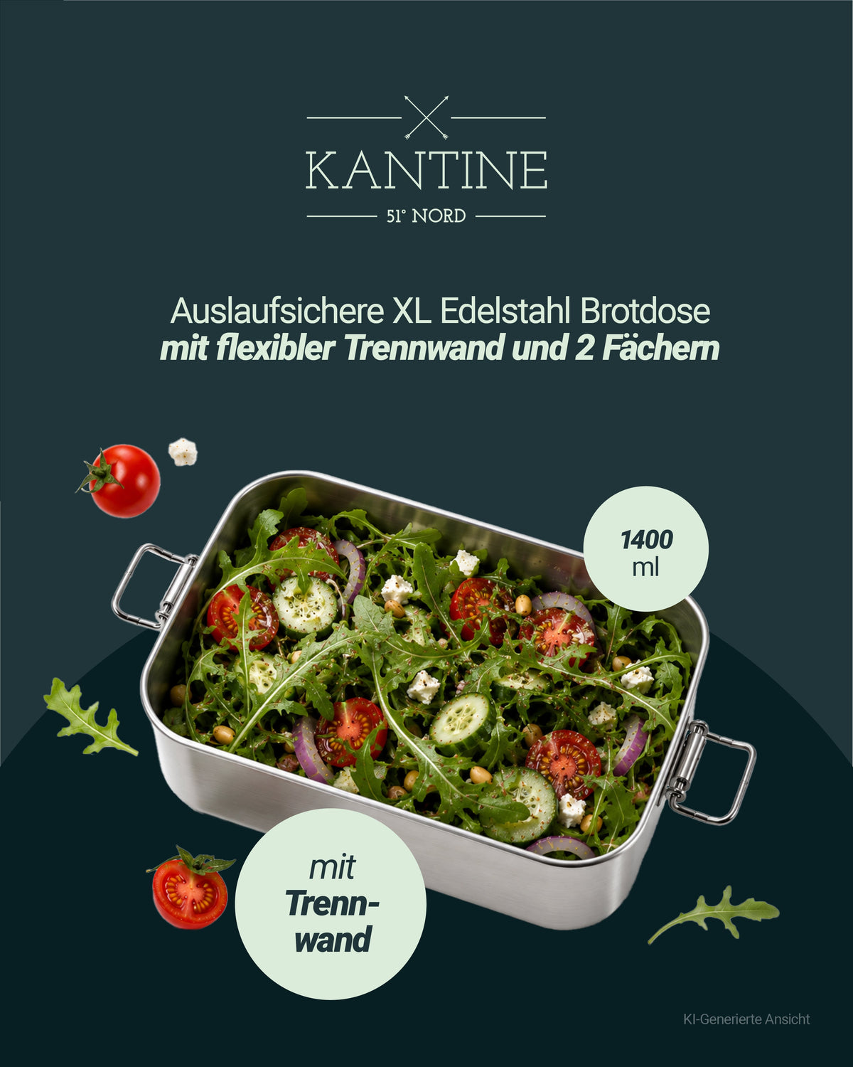 Auslaufsichere XL-Brotbox aus Edelstahl mit Trennwand und 2 Fächern, 1400 ml