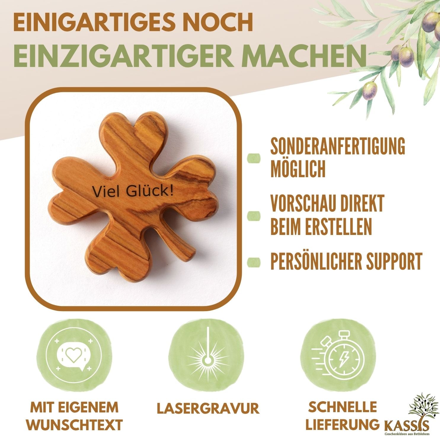 Kleeblatt Handschmeichler aus Olivenholz | Glücksbringer als Geschenk für Geburtstag, Prüfung & Neuanfang