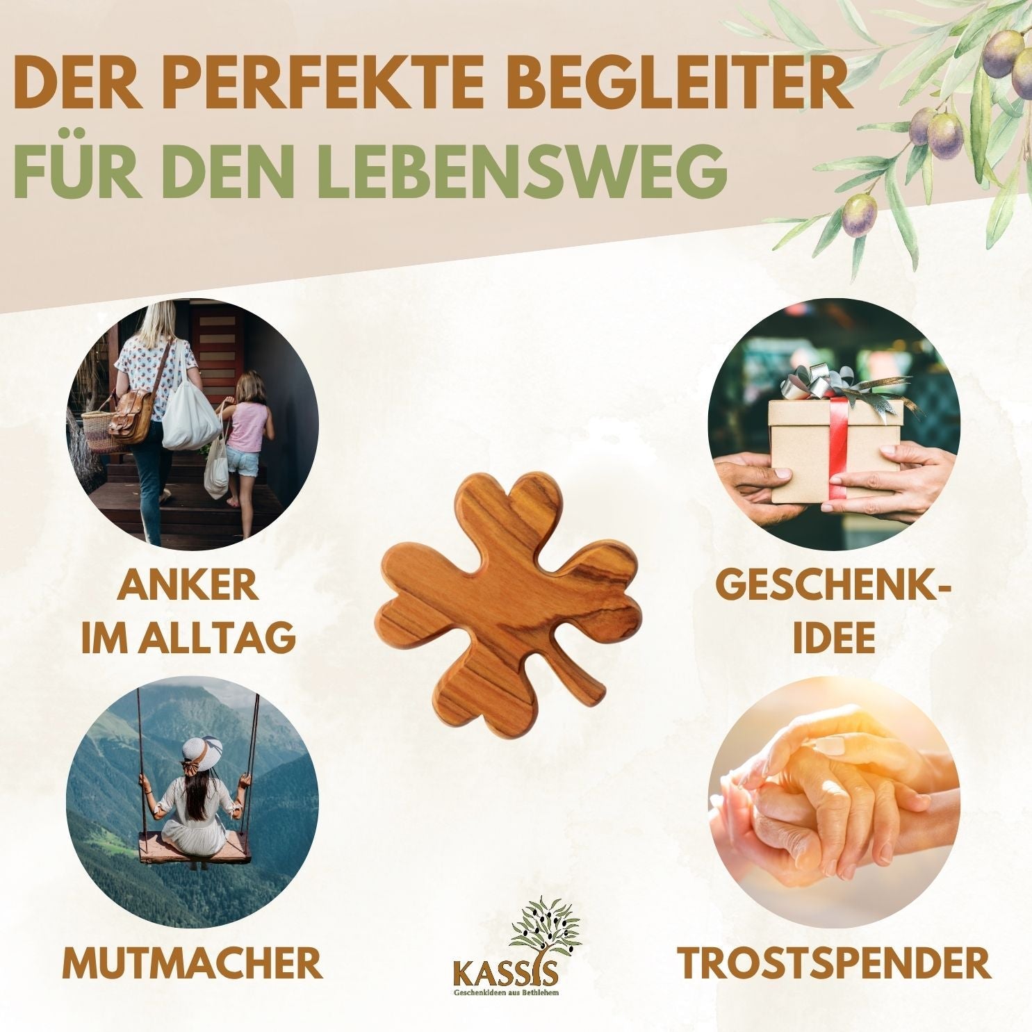 Kleeblatt Handschmeichler aus Olivenholz | Glücksbringer als Geschenk für Geburtstag, Prüfung & Neuanfang