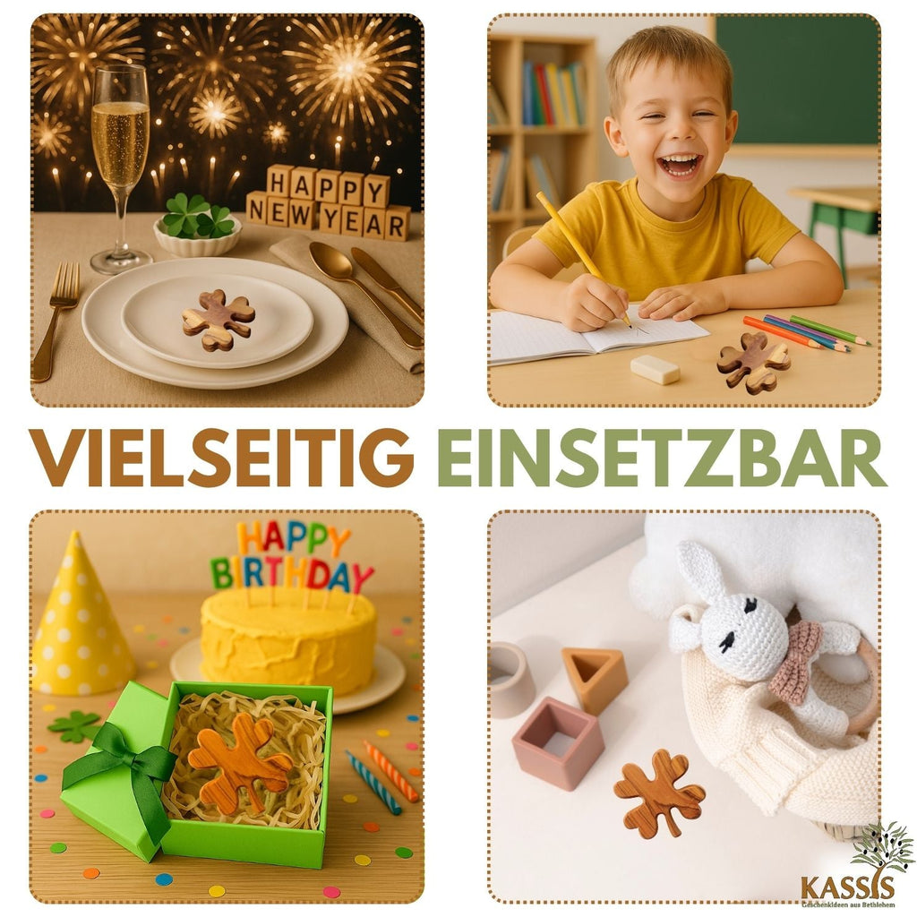 Kleeblatt Handschmeichler aus Olivenholz | Glücksbringer als Geschenk für Geburtstag, Prüfung & Neuanfang