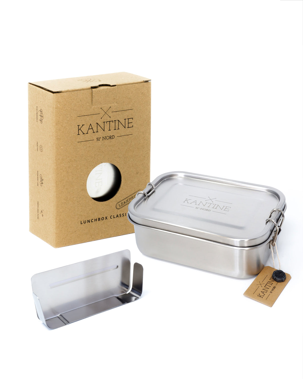 Lunchbox aus Edelstahl mit Klappverschluss, Deckel und Trenn-Einsatz im Set