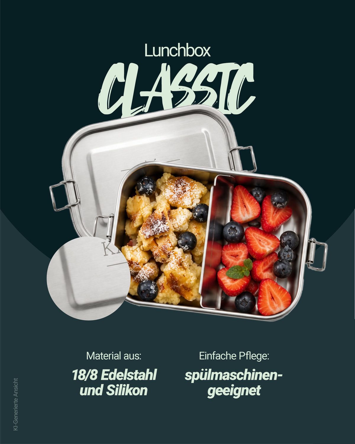 Edelstahl-Lunchbox mit Klappdeckel, gefüllt mit Beeren und Erdbeeren