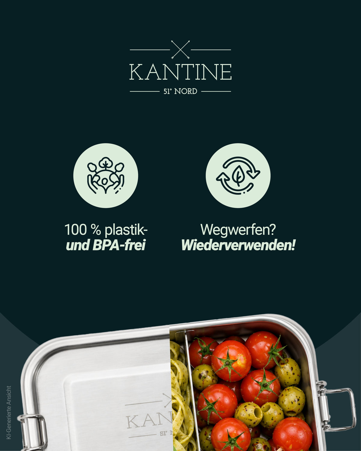 Edelstahl-Lunchbox mit Klappdeckel, gefüllt mit Tomaten und grünen Oliven