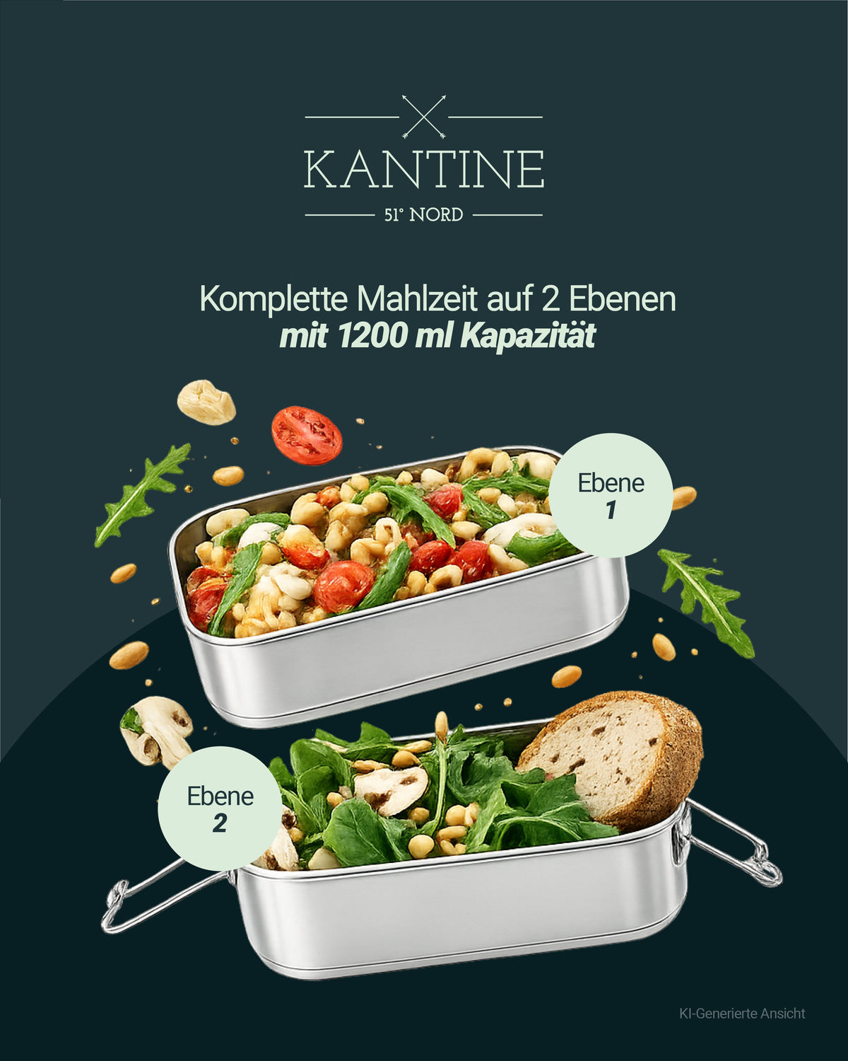 Zweiteilige Edelstahl-Lunchbox mit zwei Ebenen, KANTINE-Logo auf Deckel