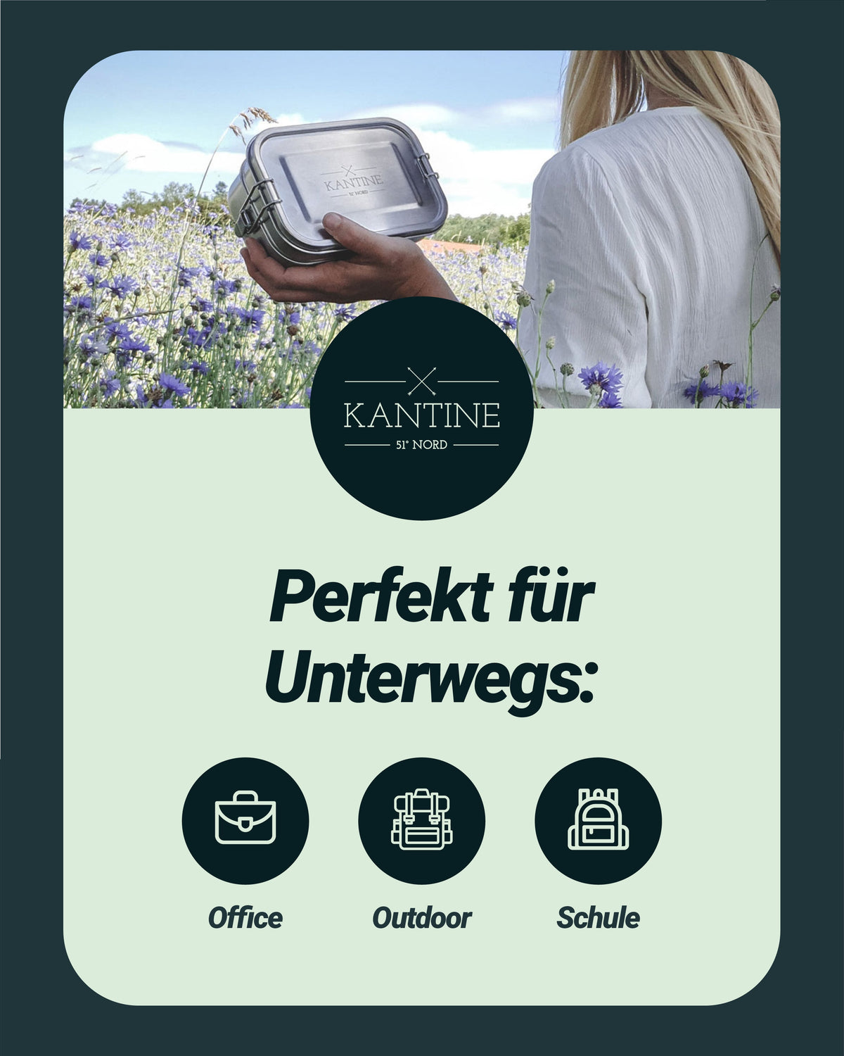 Edelstahl-Lunchbox mit Klippdeckel in Hand, KANTINE-Logo sichtbar