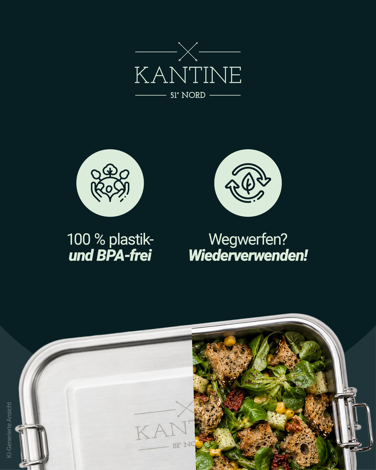 Geöffnete Edelstahl-Lunchbox mit Mahlzeit, KANTINE-Logo am Deckel