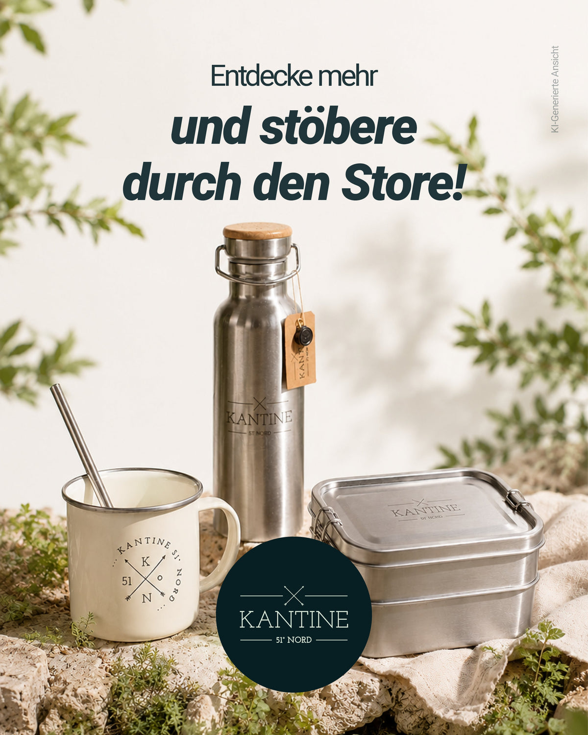 Edelstahl-Lunchbox mit Deckel auf Picknickunterlage neben Thermosflasche, KANTINE-Logo