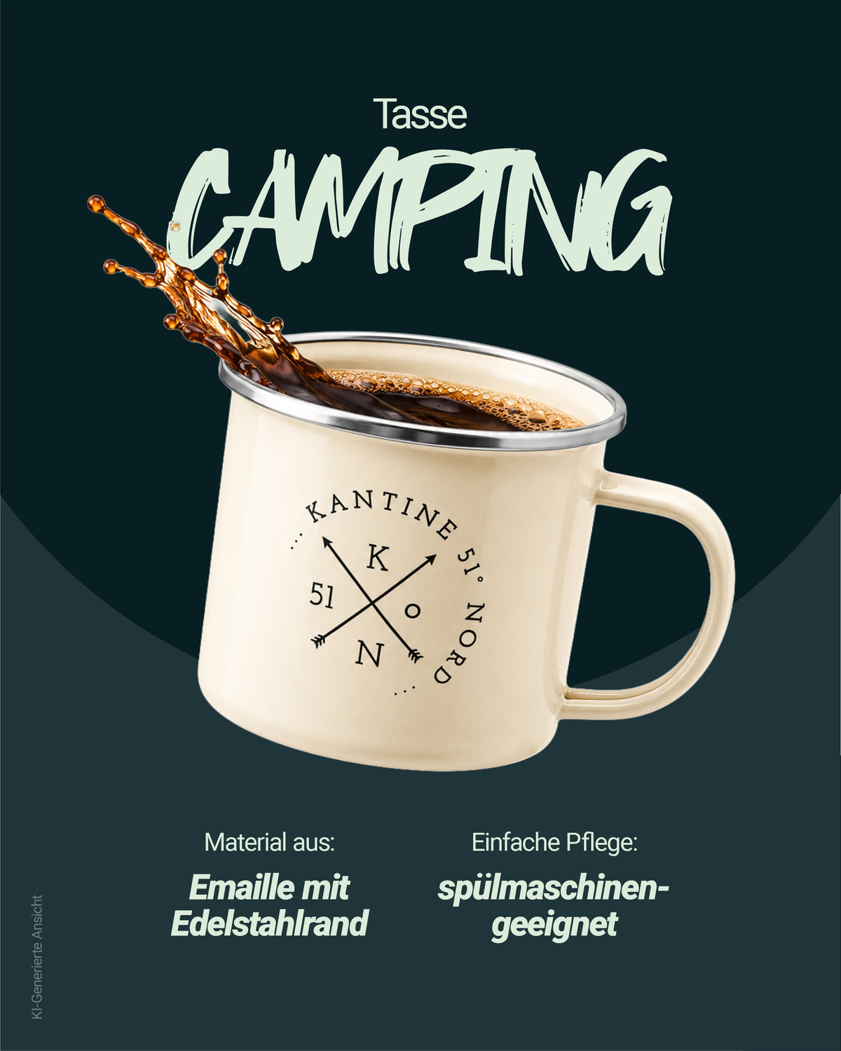 Camping-Tasse, beiger Emaille-Becher mit Henkel, Kaffee mit Spritzern