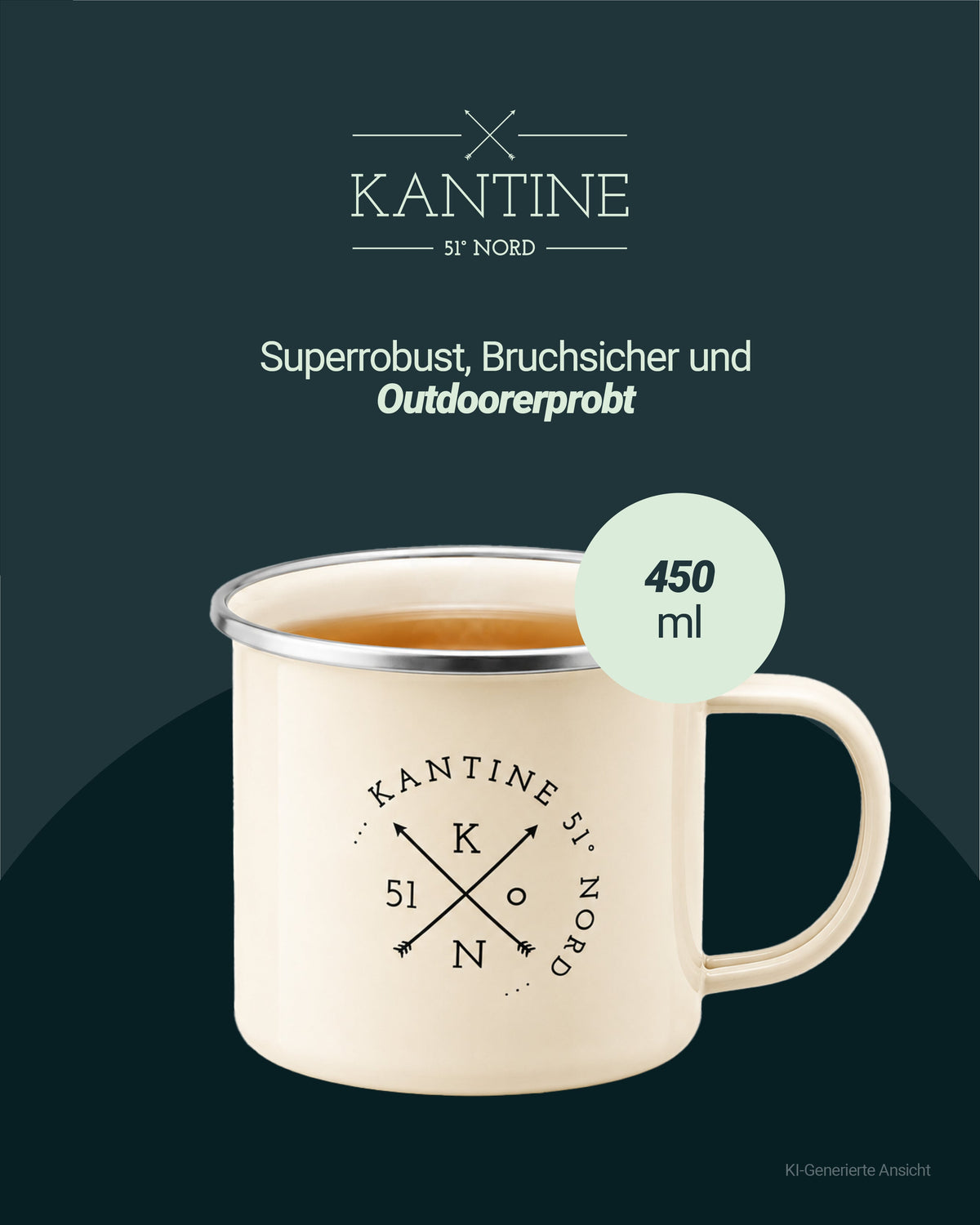 Camping-Tasse, beiger Emaille-Becher mit Henkel, 450-ml-Angabe