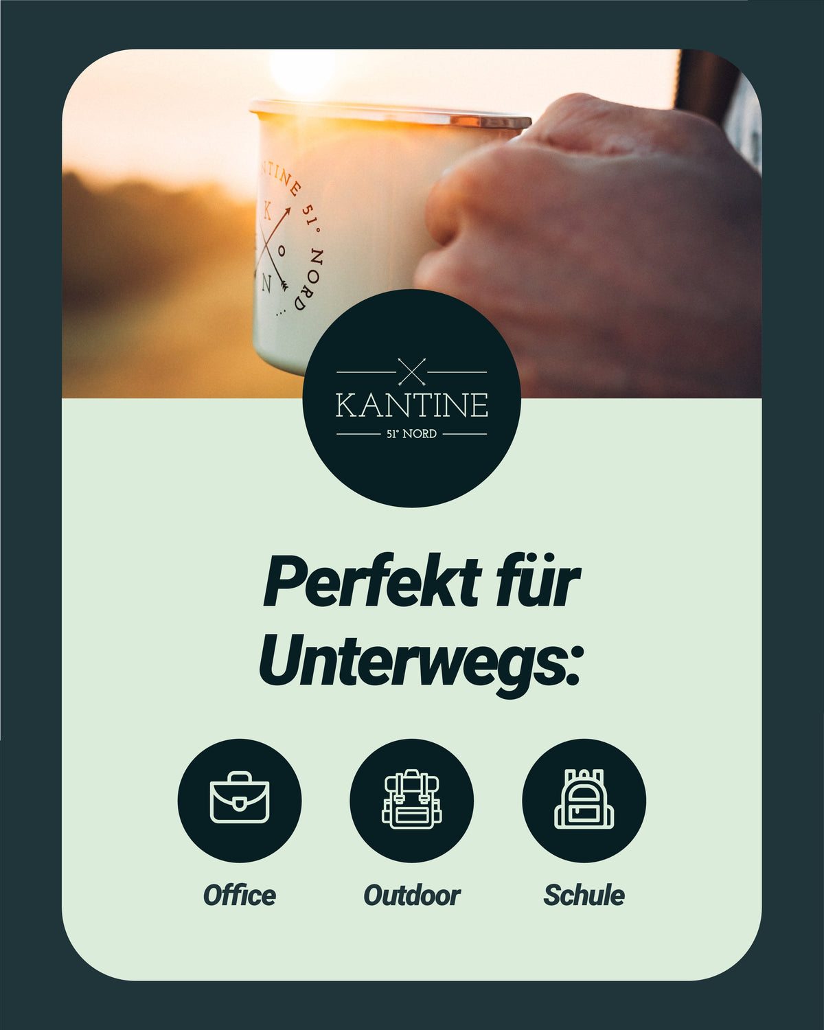 Camping-Tasse: beiger Emaille-Becher mit Henkel, Hand hält die Tasse unterwegs