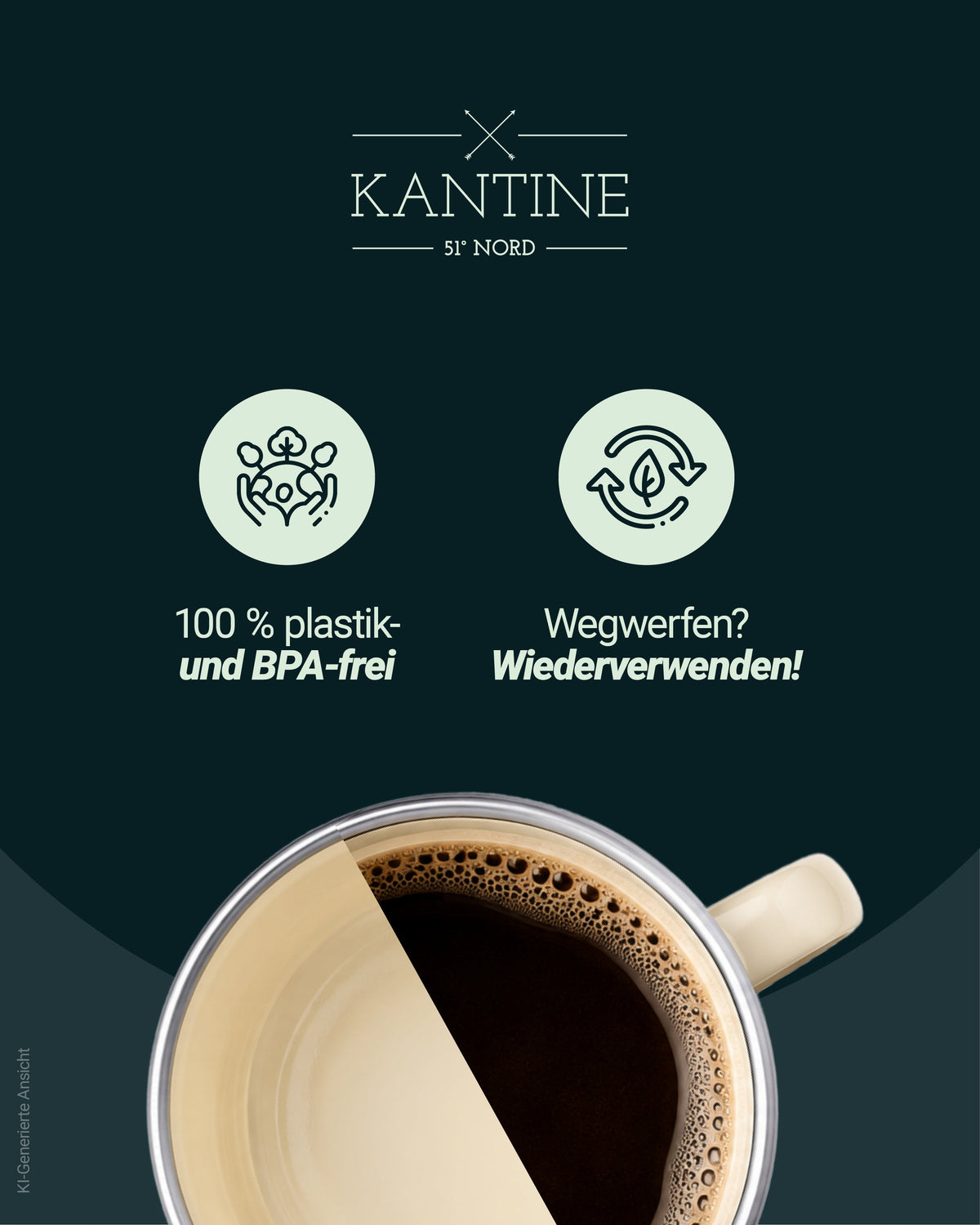 Camping-Tasse von oben: beiger Emaille-Becher mit Kaffee, Metallrand