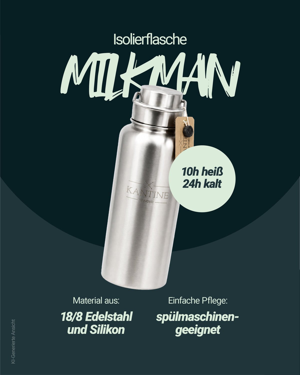 Isolierflasche Milkman aus Edelstahl, silber mit Klappdeckel und Anhänger