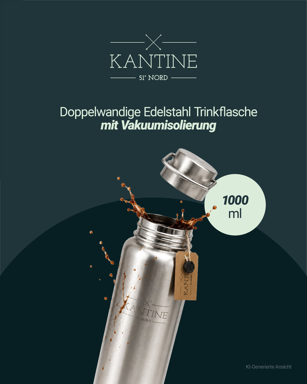 Isolierflasche Milkman aus Edelstahl, doppeltwandig mit Vakuumisolierung, 1000 ml