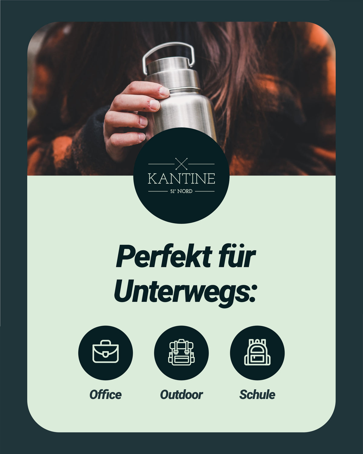 Isolierflasche Milkman aus Edelstahl, silber mit Deckel und Etikett am Griff