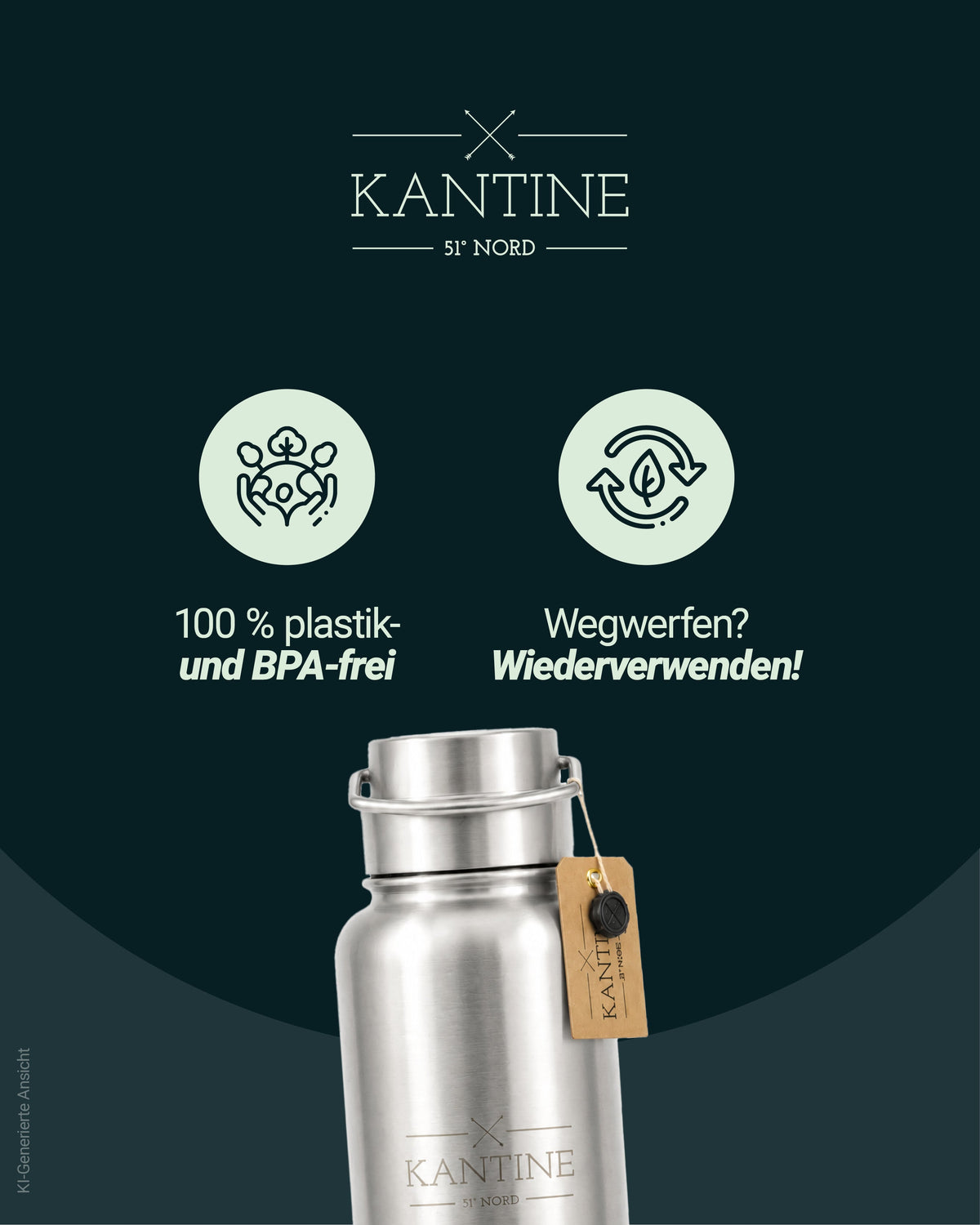 Isolierflasche Milkman aus Edelstahl, silber mit Verschluss und Anhänger