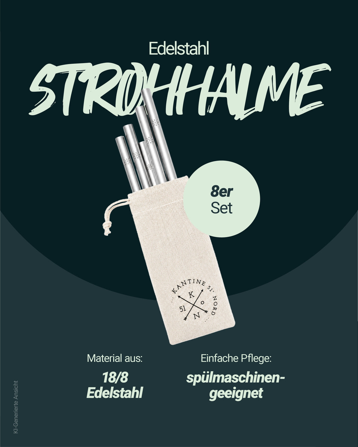 Edelstahl-Strohhalme, 8er-Set, im Stoffbeutel