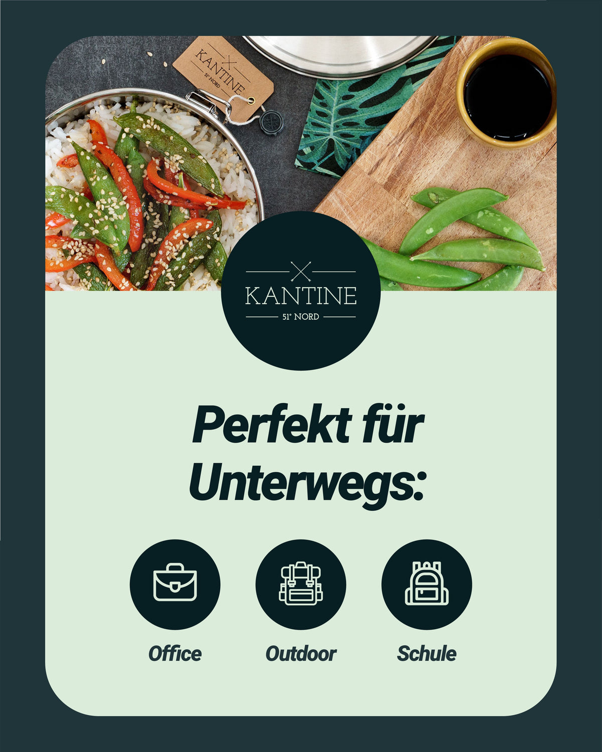 Edelstahl-Lunchbox mit geöffnetem Deckel und Gemüse-Füllung