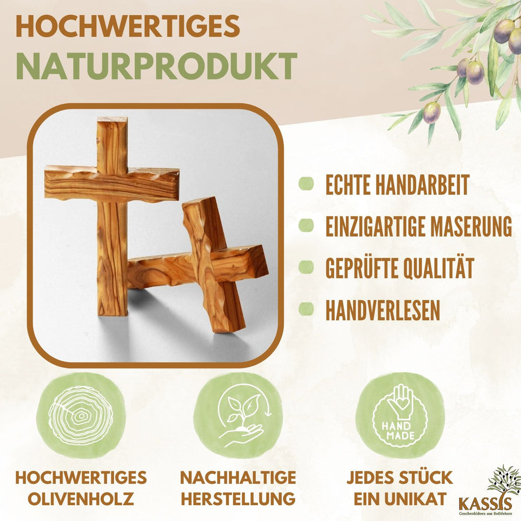 Olivenholz Kreuz gewellt | Schlichtes Wandkreuz als Geschenk zur Taufe, Kommunion oder Geburt