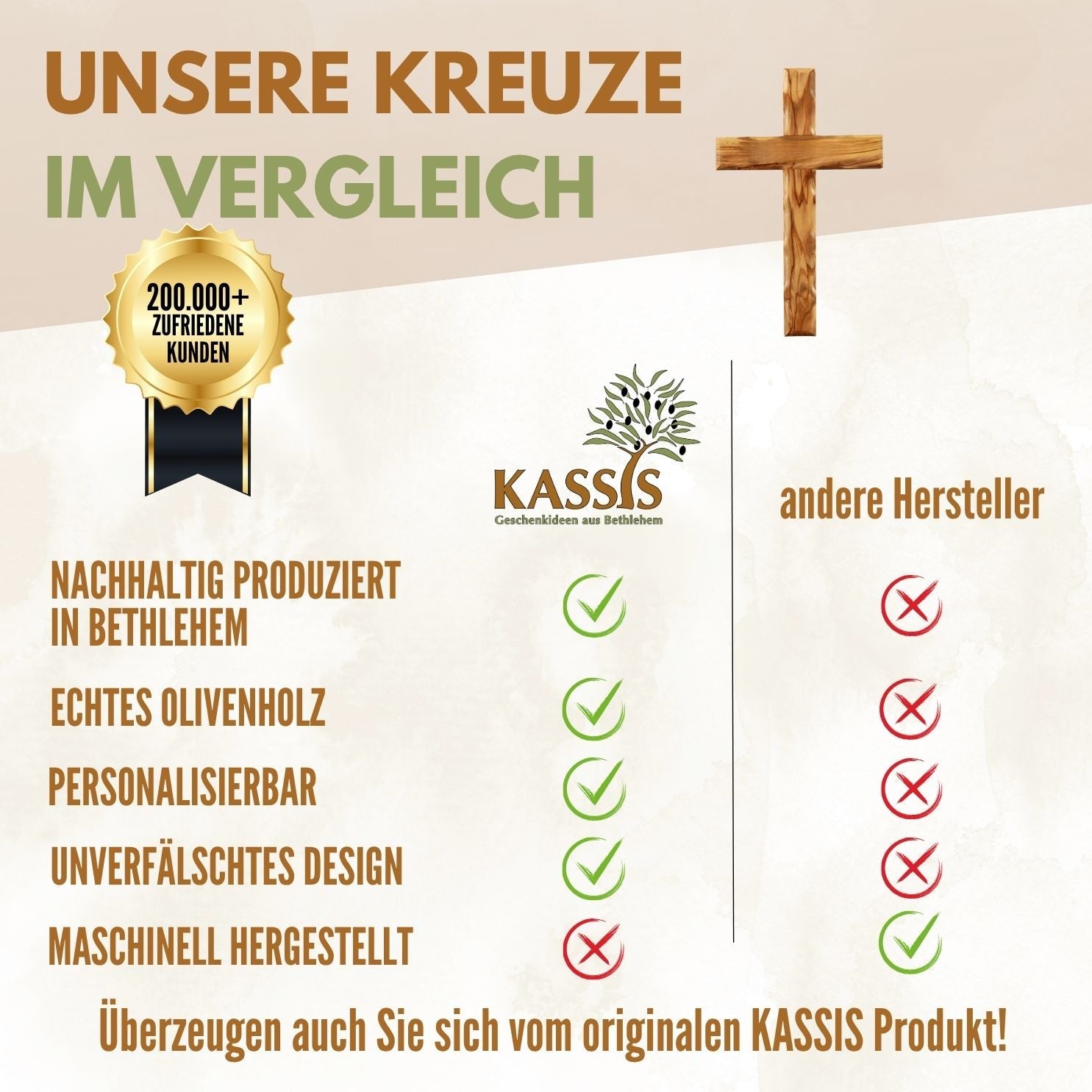 Olivenholz Kreuz gewellt | Schlichtes Wandkreuz als Geschenk zur Taufe, Kommunion oder Geburt