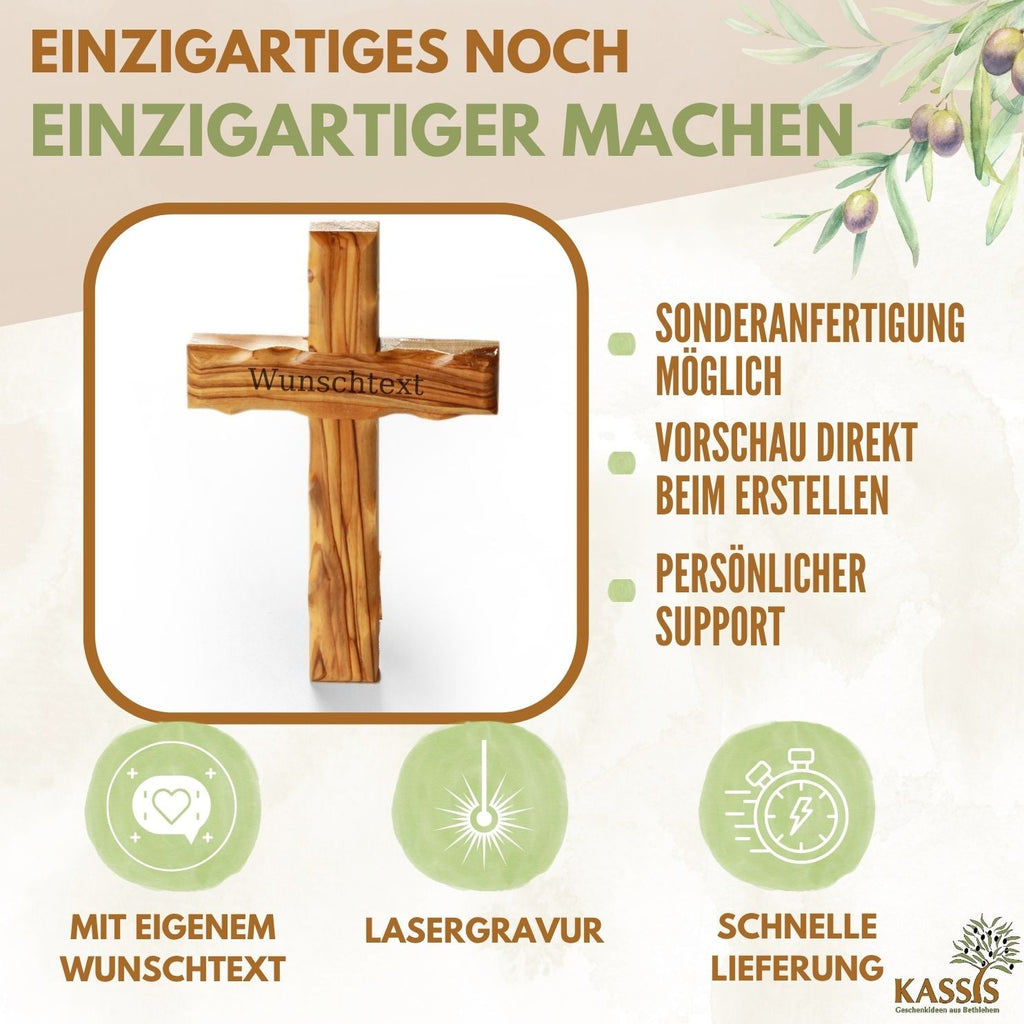 Olivenholz Kreuz gewellt | Schlichtes Wandkreuz als Geschenk zur Taufe, Kommunion oder Geburt