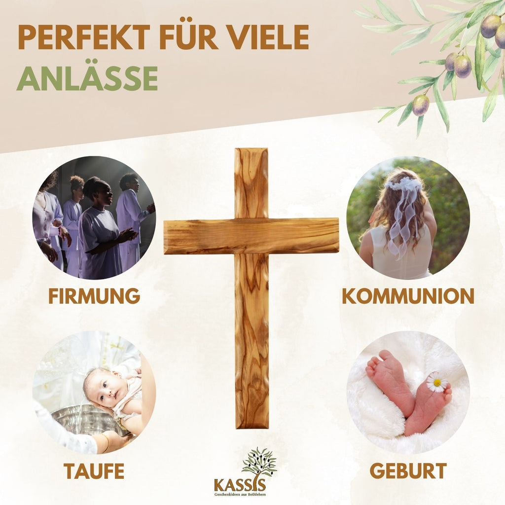 Olivenholz Kreuz gewellt | Schlichtes Wandkreuz als Geschenk zur Taufe, Kommunion oder Geburt