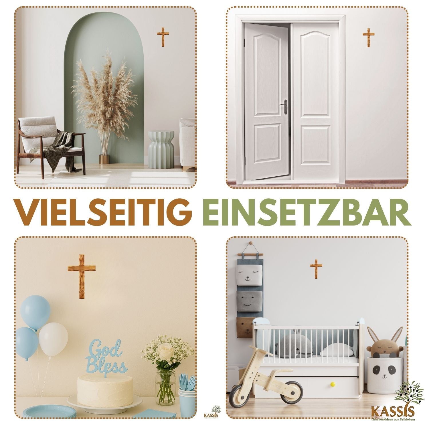Olivenholz Kreuz gewellt | Schlichtes Wandkreuz als Geschenk zur Taufe, Kommunion oder Geburt