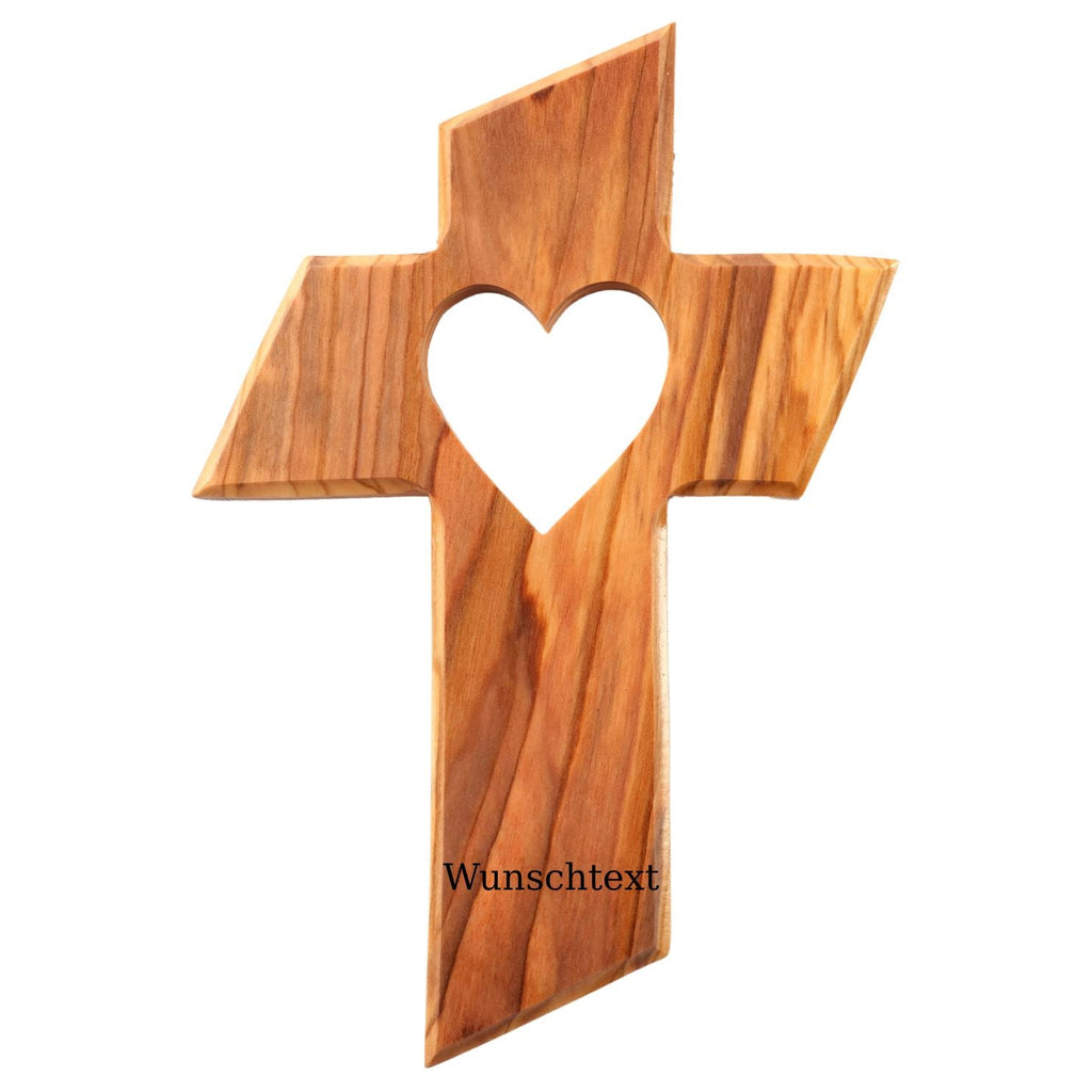 Personalisiertes Kreuz mit Herz aus Olivenholz mit Gravur | Taufkreuz Geschenk Taufe, Kommunion, Firmung