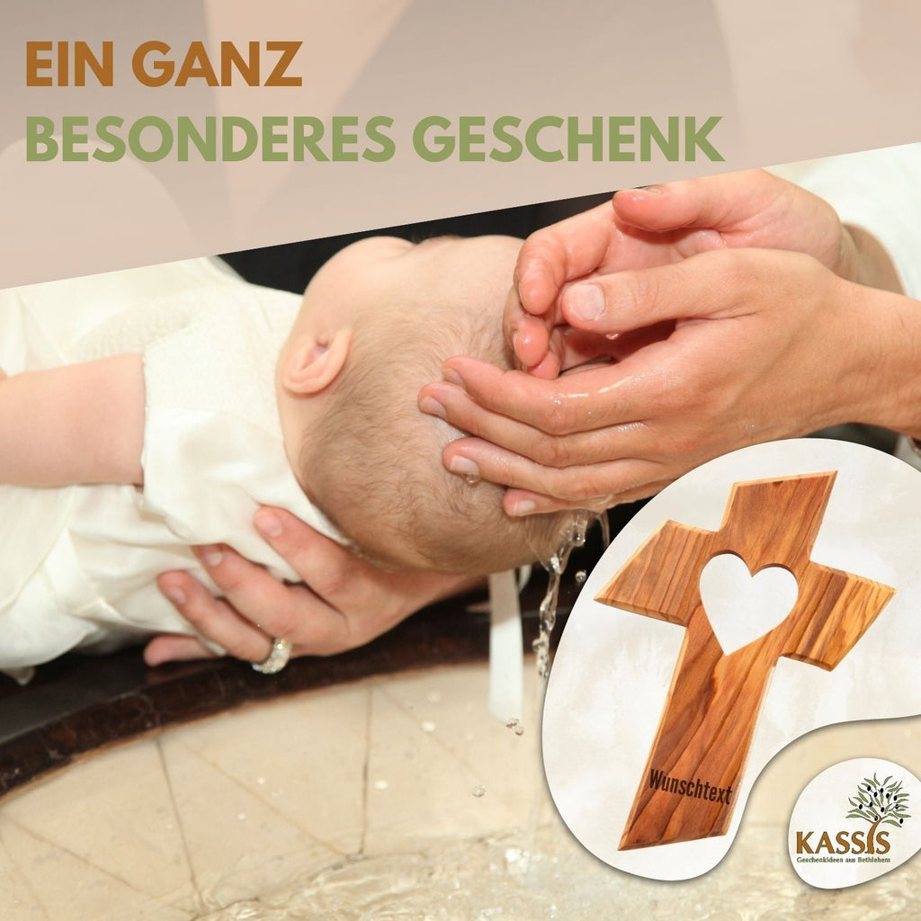 Personalisiertes Kreuz mit Herz aus Olivenholz mit Gravur | Taufkreuz Geschenk Taufe, Kommunion, Firmung