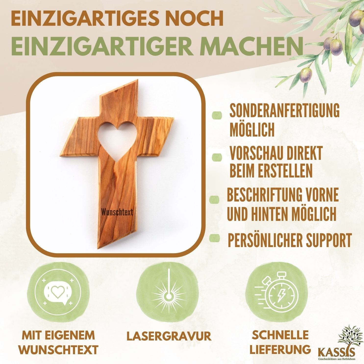 Personalisiertes Kreuz mit Herz aus Olivenholz mit Gravur | Taufkreuz Geschenk Taufe, Kommunion, Firmung