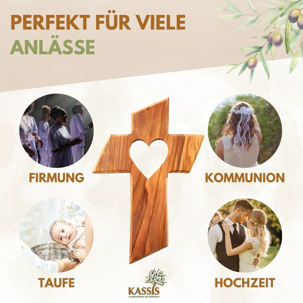 Personalisiertes Kreuz mit Herz aus Olivenholz mit Gravur | Taufkreuz Geschenk Taufe, Kommunion, Firmung
