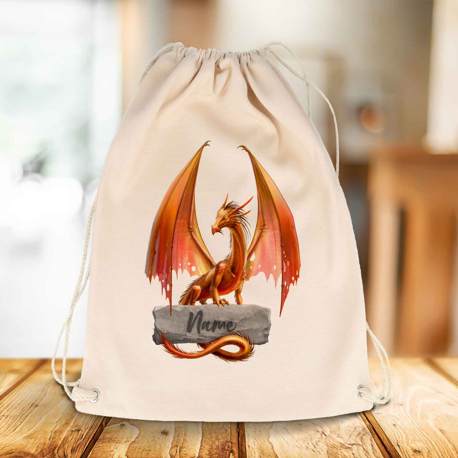 Bedruckter Turnbeutel für Kinder mit Drachen und Wunschnamen