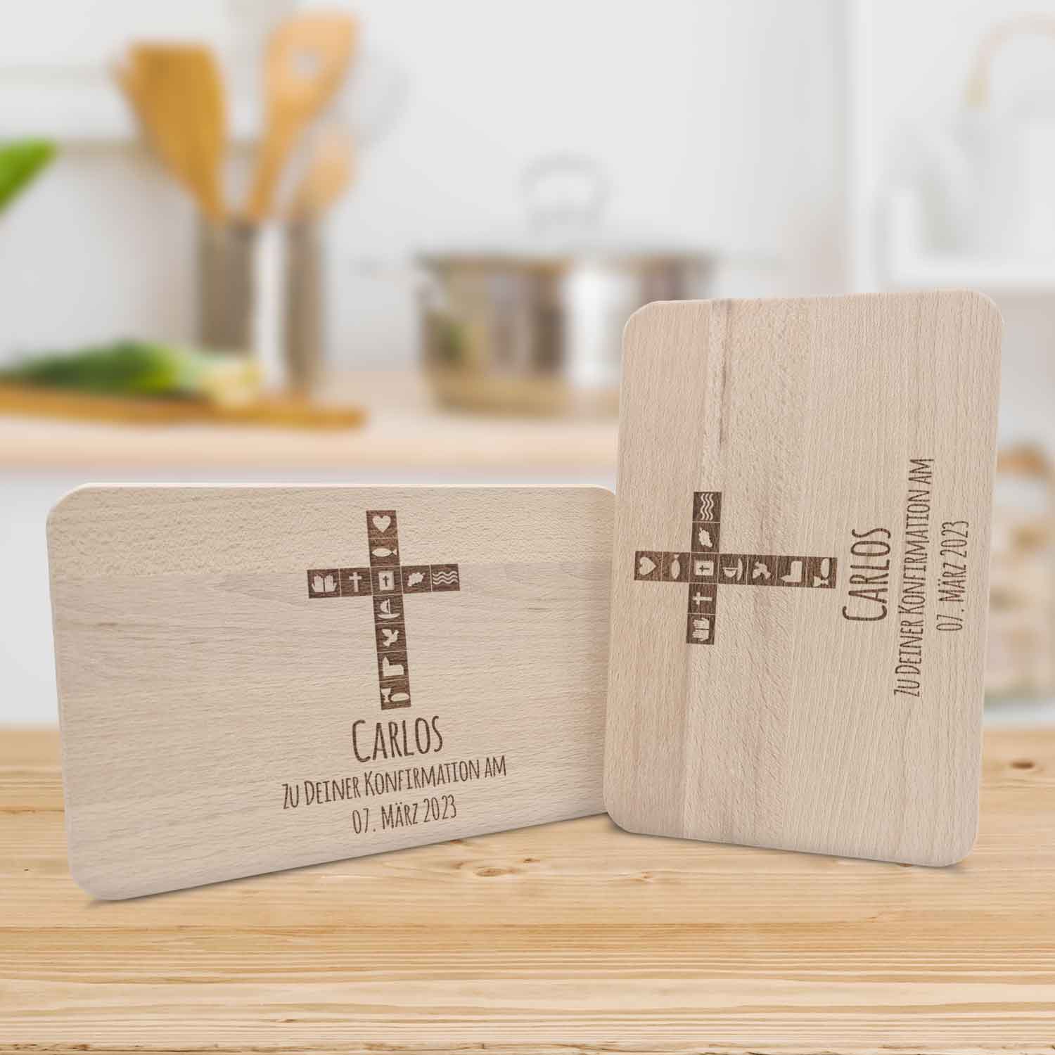 Frühstücksbrettchen mit Gravur "Konfirmation / Kommunion Kreuz"