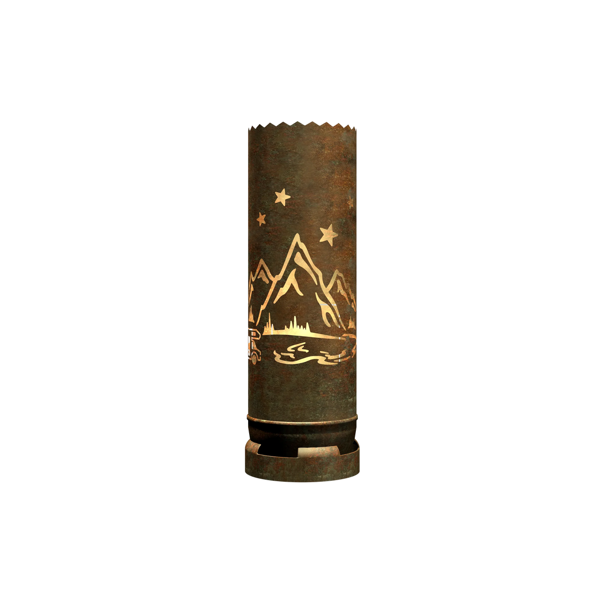 Feuertonne mit Bergmotiv, Sternen und goldfarbenem Kaminboden-Design