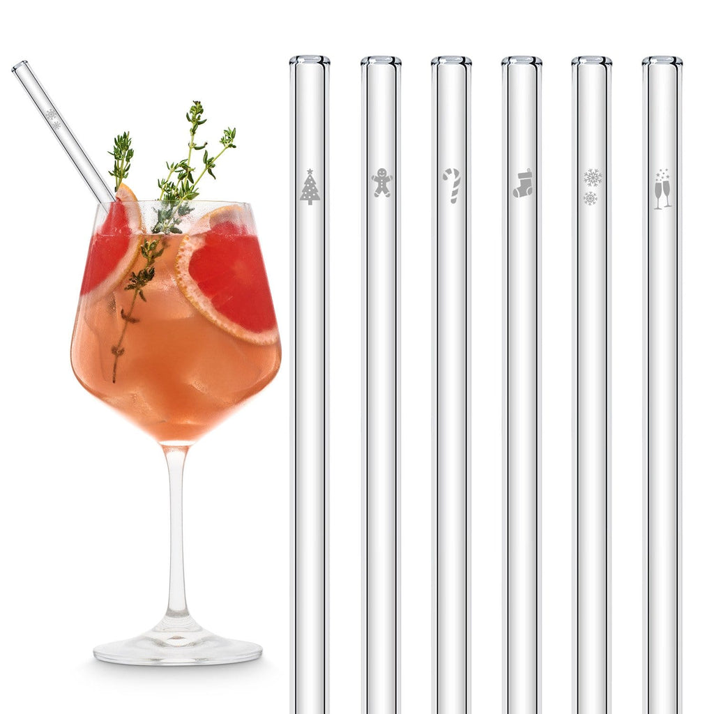 Weihnachtsedition 6x Glasstrohhalme mit gravierten Motiven - 15cm, 20cm, 23cm