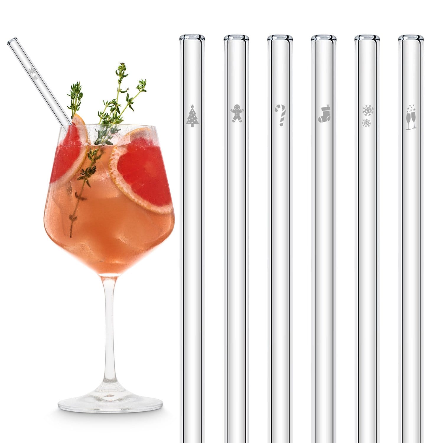 Weihnachtsedition 6x Glasstrohhalme mit gravierten Motiven - 15cm, 20cm, 23cm