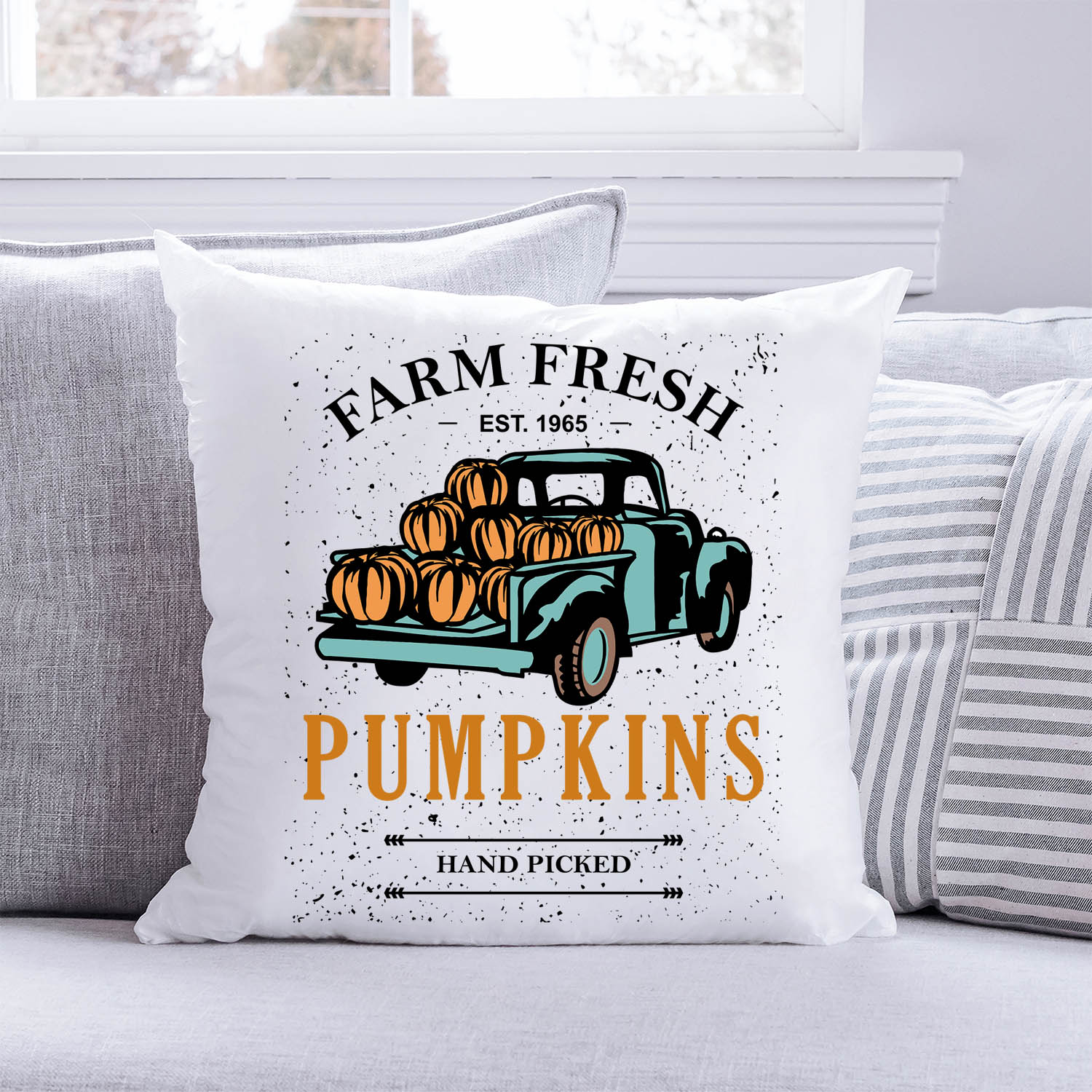 Bedrucktes Kissen mit Spruch Farm fresh pumpkins
