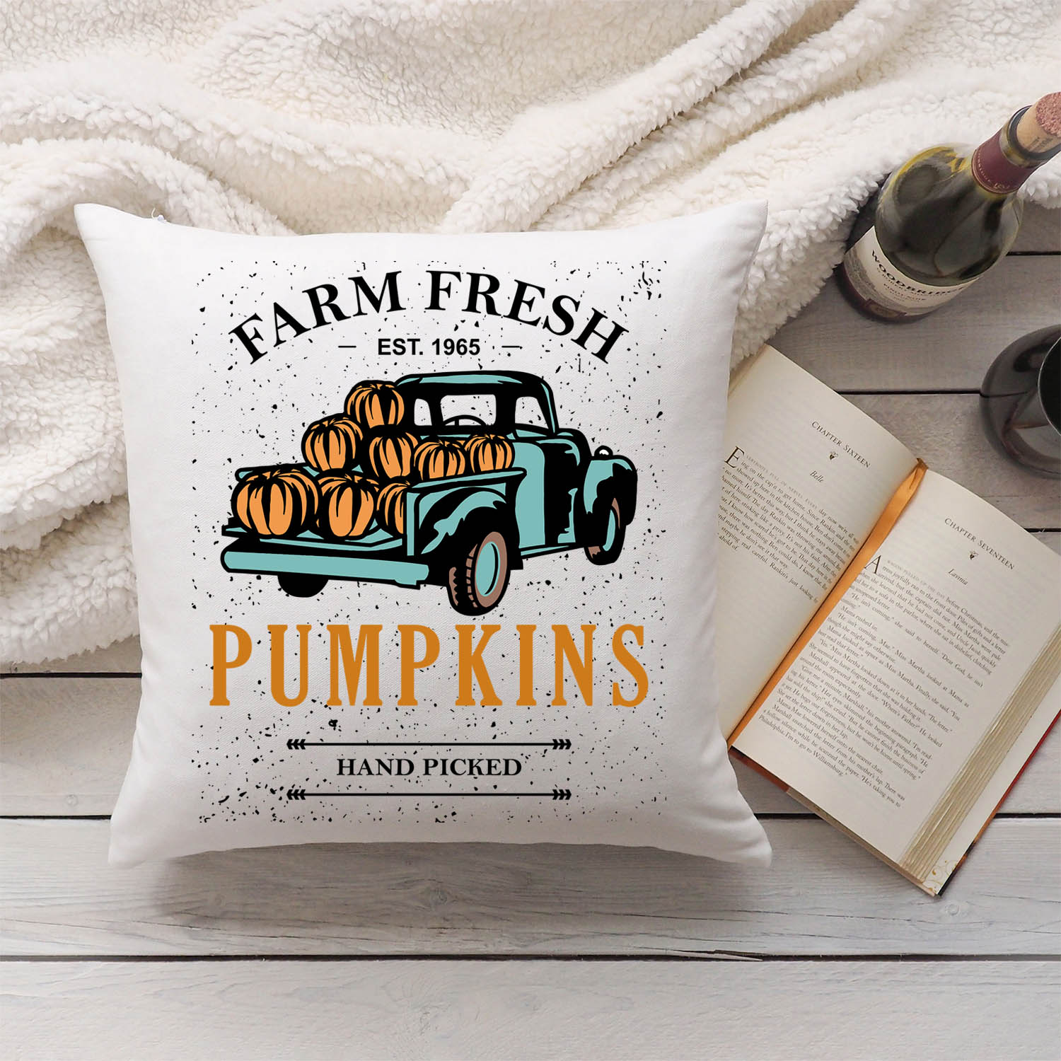 Bedrucktes Kissen mit Spruch Farm fresh pumpkins