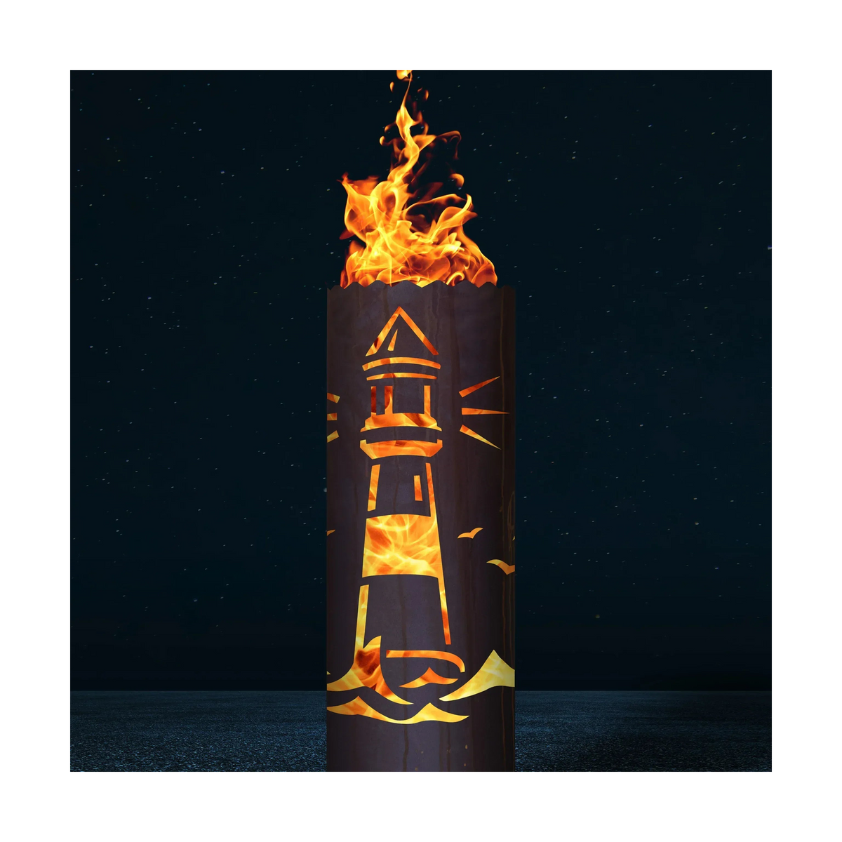 Feuertonne Leuchtturm, Flammen schlagen aus der Öffnung; Leuchtturm-Emblem am Zylinder