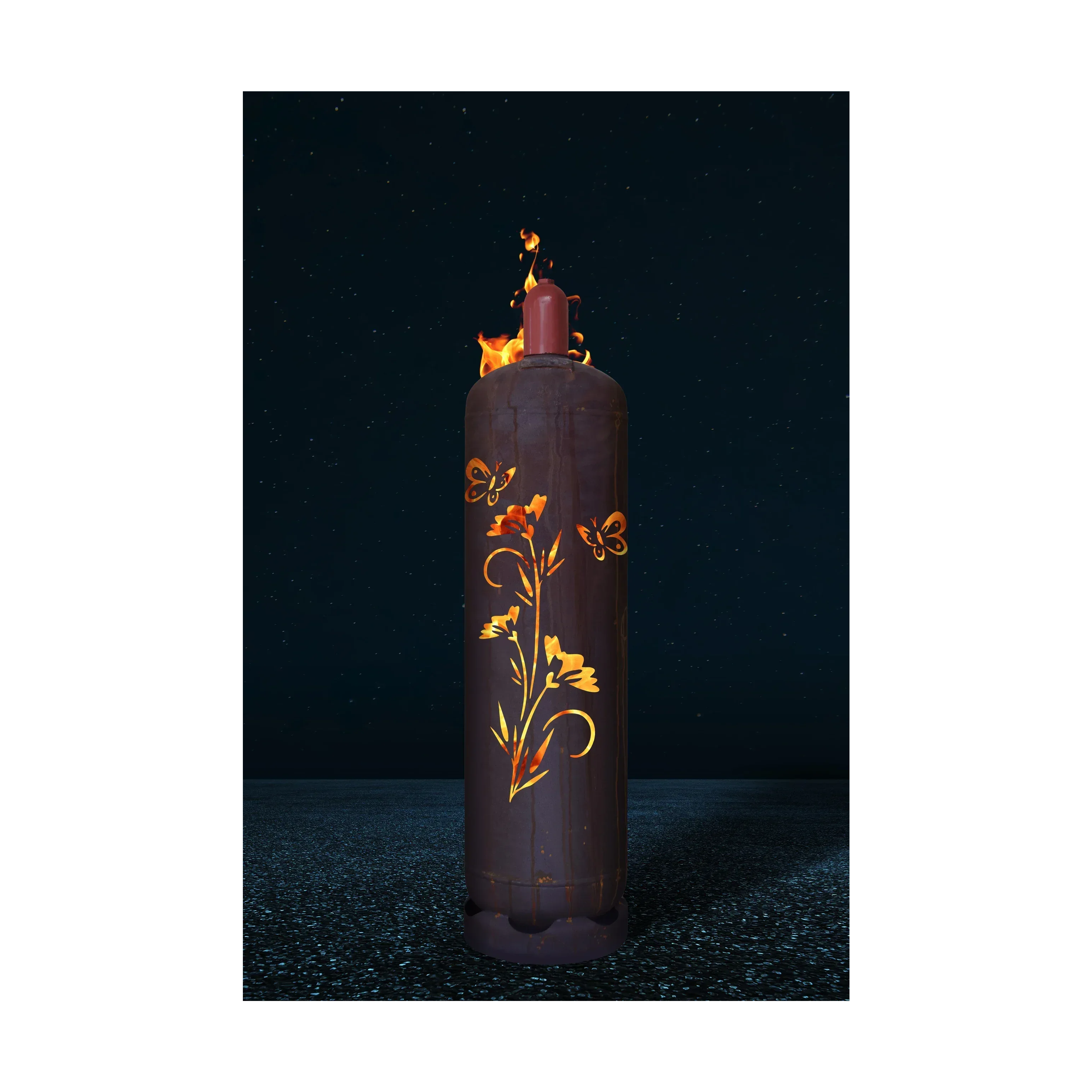 Feuertonne mit Blumen- und Schmetterlingsmotiv, dunkler Metallzylinder mit Flammenaufsatz