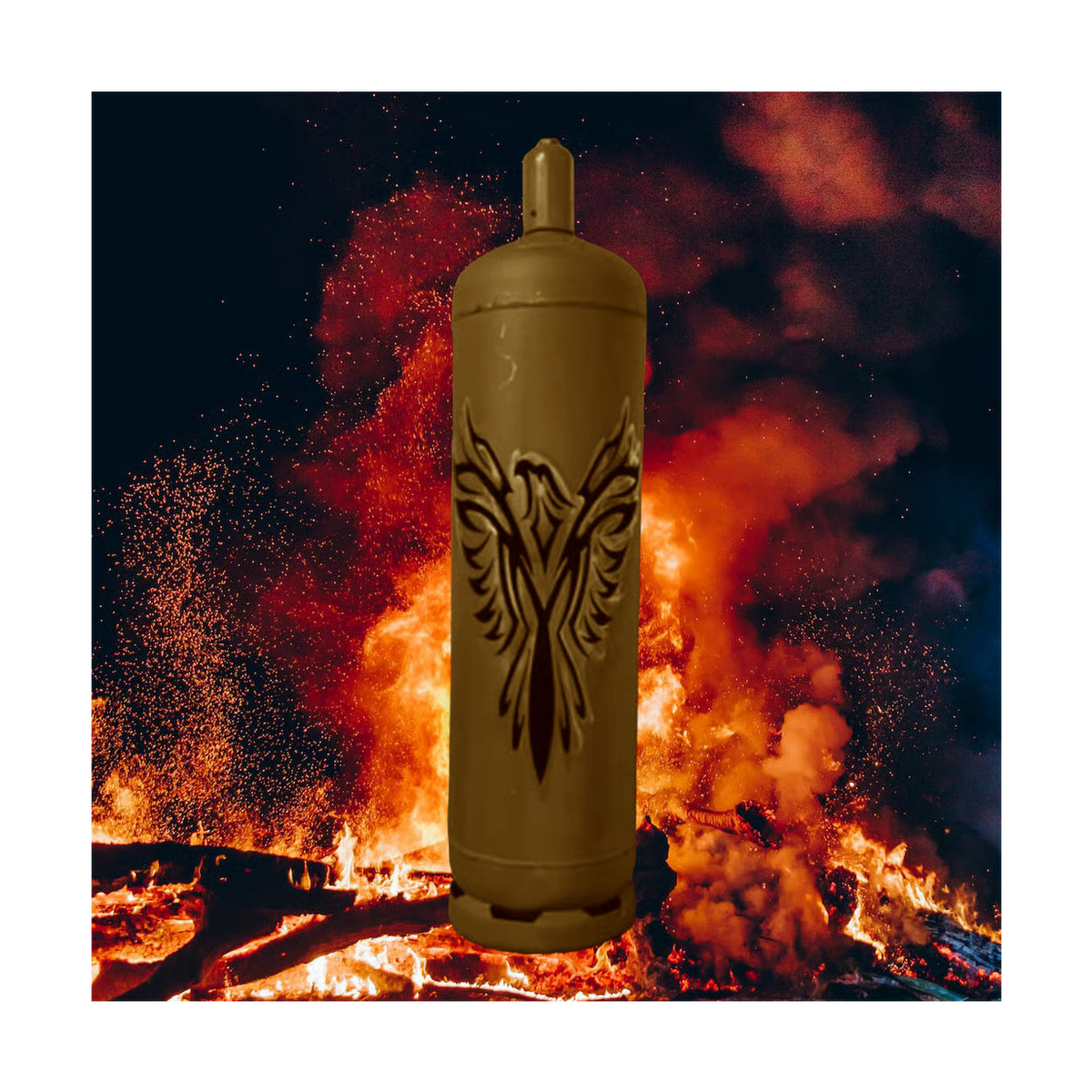 Feuertonne Phönix 2 aus Metall mit Phönix-Relief, zylindrisch, goldfarben