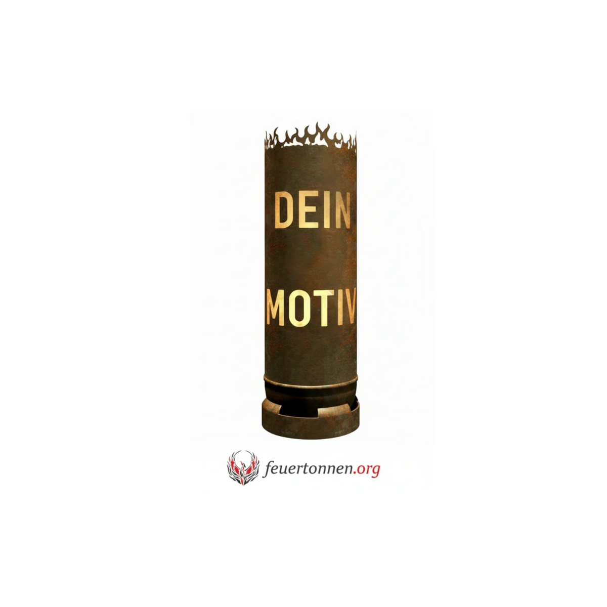 Personalisierte Feuertonne aus Metall mit Schriftzug „DEIN MOTIV“ und Flammen am Rand.