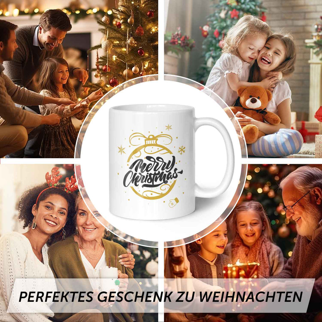 Bedruckte Tasse mit Weihnachtsmotiv im Weihnachtskugel Gold Design