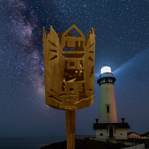 Metall-Gartenfackel mit durchbrochenem Leuchtturm- und Anker-Motiv, bronze, am Stiel