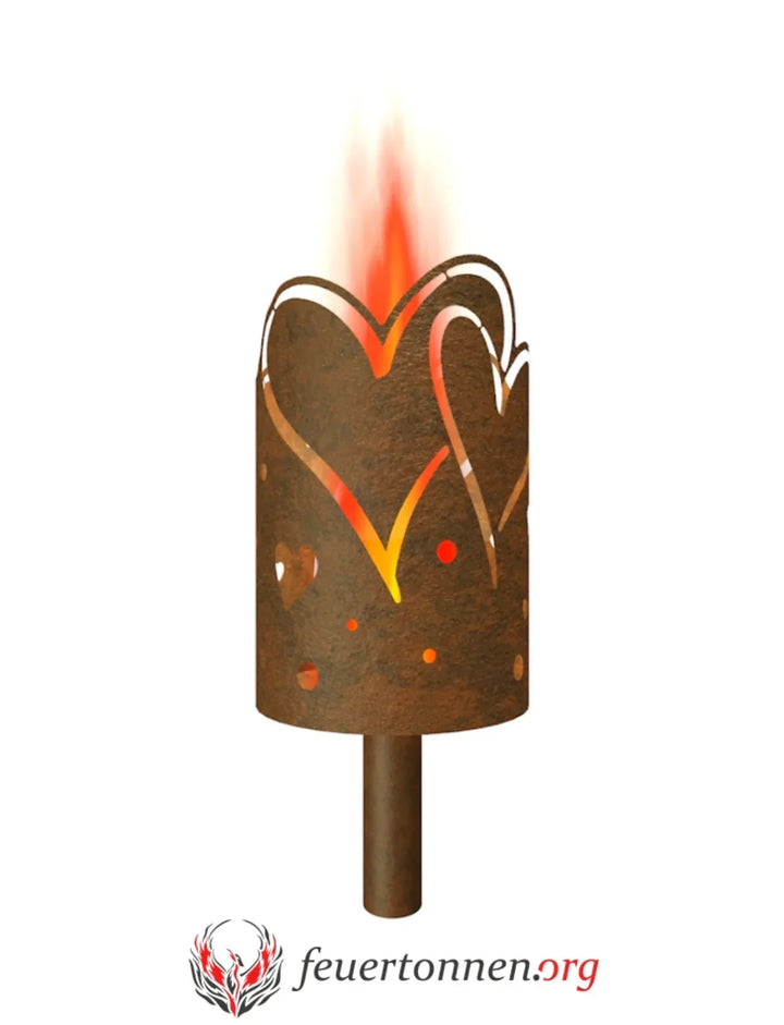 Gartenfackel mit großen Herz-Motiven, orange Umrisse, Flamme auf Holzstiel
