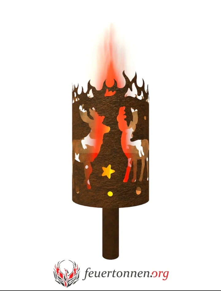Gartenfackel mit Rentier- und Tierfiguren, orange Sterne, Flamme auf Stab, brauner Einsatz.